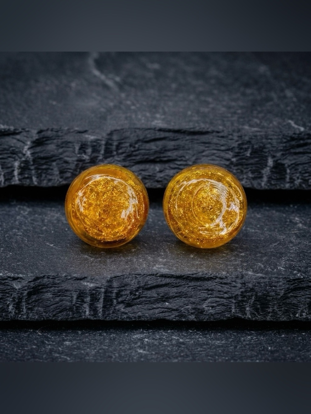 Vintage 60s Murano Amber Glass Gold Aventurine Foil Round Button Clip Earrings